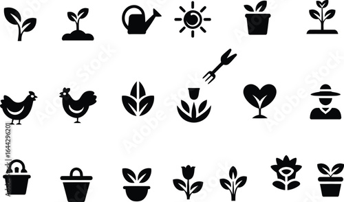 Vector art of collection of garden and farming icons, isolated on white background