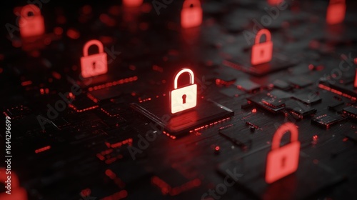 Wallpaper Mural Supply chain security risks concept. A glowing padlock icon surrounded by red padlocks on a digital interface, symbolizing cybersecurity and data protection. Torontodigital.ca