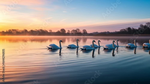 Serene Swans Swimming in Calm Water at Sunrise with Beautiful Reflections