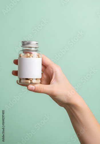 A hand holding a transparent jar filled with pills against a solid, light green background.