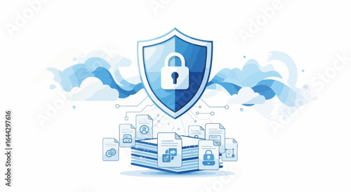 Data protection system with a shield, digital files, and clouds ensures privacy and security. Data protection safeguards sensitive digital files against cyber threats,