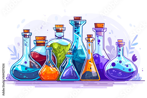 Colorful Collection of Chemistry Bottles with Potion-like Liquids