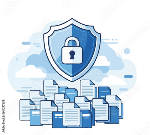 Security protection over document files with shield and padlock. Shield and padlock represents security protection of confidential files and sensitive data.