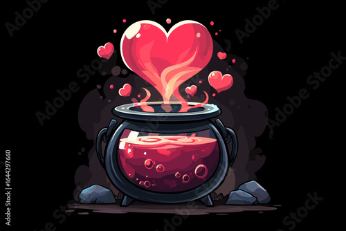Magical Love Potion in a Cauldron with Floating Hearts