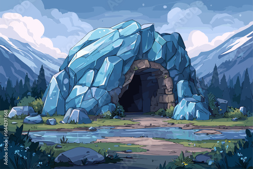 Serene Mountain Cave Landscape with Vibrant Flora and Tranquil Water