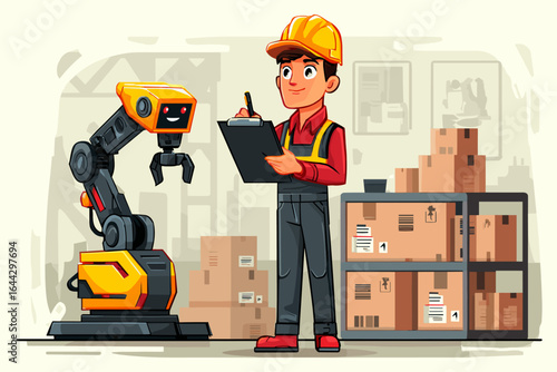 Warehouse Worker with Robot Assistant in Cartoon Style