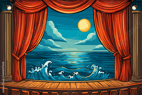 Theatrical Stage with Ocean View and Sunset