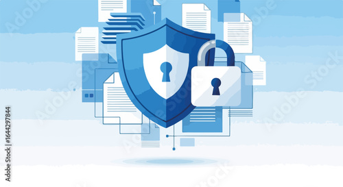 Secure document protection with security shield and lock. Security protection symbolizes data encryption and secure access to sensitive information, using shield and lock.