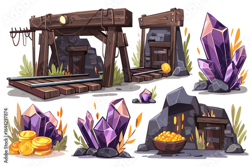 Colorful Mining Scene with Crystals and Treasure in a Cartoon Style