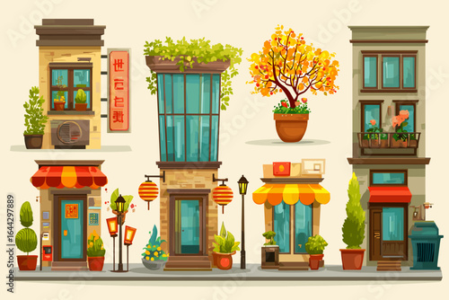 Charming Vector Illustrations of Colorful Urban Townhouses and Gardens