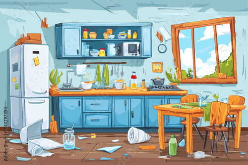 Messy Kitchen Interior with Dishes and Cooking Supplies