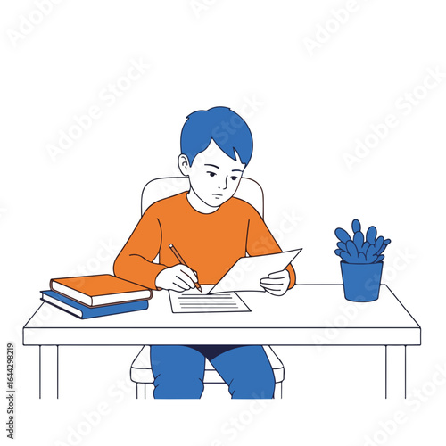Kids writing at table, practicing skills, focusing intently on their tasks. Kids writing, learning in simple, minimal home environment, demonstrates concentration. Kids writing promotes education,