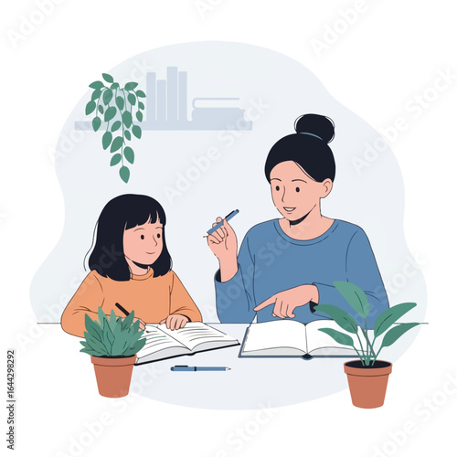 Kids writing together, studying with mother. Illustration of kids writing assignment with parental assistance and guidance from teacher. Kids writing for educational learning,