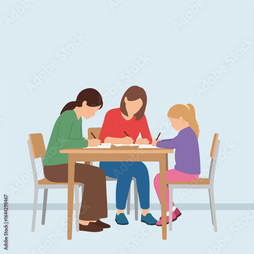 Kids writing at table with tutors for classroom learning, with paper documents on wooden desk.