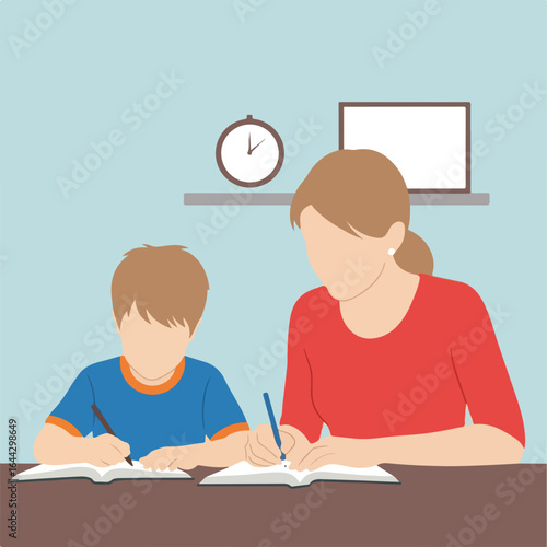 Little kids writing in copybook with teacher, kids writing and learning together at desk. Tutoring session includes attentive study and focused work for education,