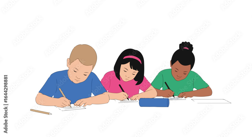 Fototapeta premium Kids writing together at desk in classroom shows education, learning, and collaboration. Kids writing during lesson makes education more engaging for young students.