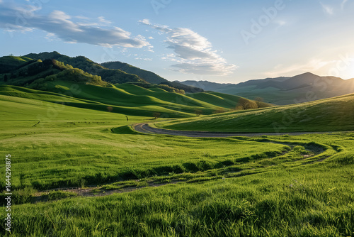 A scenic view of rolling green hills with a winding road and a bright sun in the distance horizon line