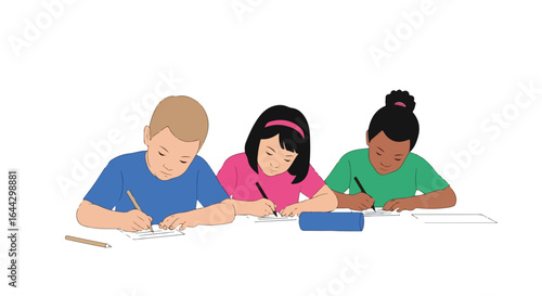 Kids writing together at desk in classroom shows education, learning, and collaboration. Kids writing during lesson makes education more engaging for young students.
