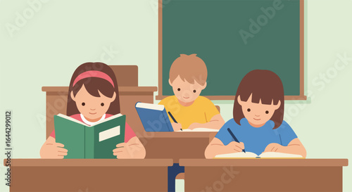 Kids writing and reading in classroom setting, depicted as young girl reading book, boy reading book, girl writing with pencil. Kids writing is essential for education,