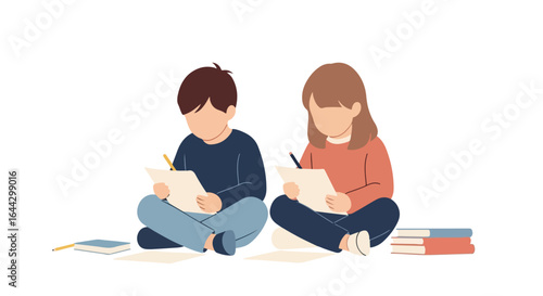 Kids writing and drawing in classroom with school supplies like colorful pencils. Classroom setting for education shows kids, children drawing.