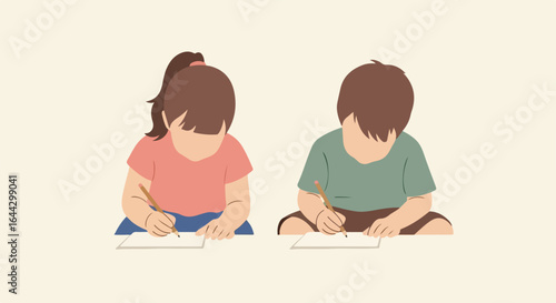 Kids writing together on paper in bright studio setting. Kids writing with pencils, concentrating on homework assignments, creative drawing, and practicing handwriting.