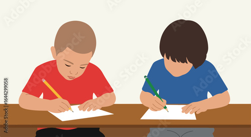 Kids writing on white paper sitting at wooden table engaged in learning. Kids writing together, focused on their schoolwork, shows collaborative learning and academic focus.