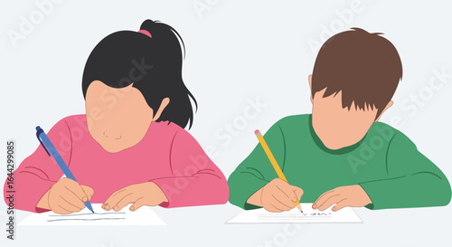 Kids writing, students completing assignments with pens and pencils on paper, children learning. Kids writing involves focus and concentration for homework, studies.