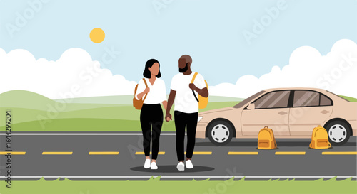 Family trip illustration featuring a couple walking along road near car with backpacks. Family trip also showing summer holiday scenery with sun and mountains in background.