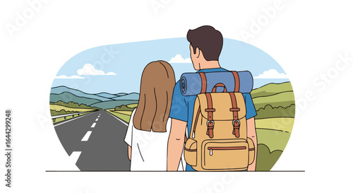 Family trip near winding road with backpack, couple standing on side and looking at countryside nature views. Happy family trip inspires exploration and togetherness on summer vacation.
