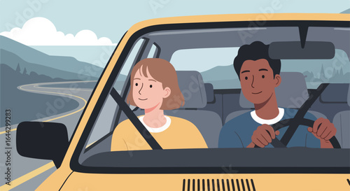 Family trip on scenic highway in yellow car with mountains, trees, and road under blue sky. Family trip showcases diversity with couple on journey, enjoying nature and adventure together.
