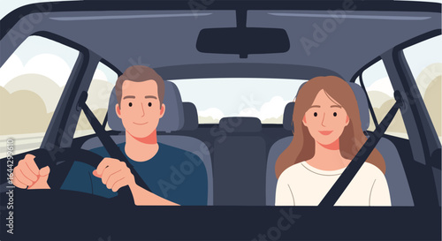 Family trip with smiling couple driving in car for weekend getaway. This family trip includes road travel, adventure, and shared experiences with loved ones.