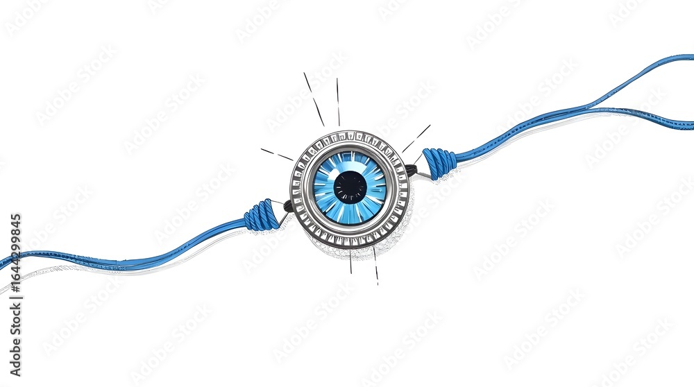 Fototapeta premium Dramatic cinematic style hand-drawn sketch of a Rakshabandhan Evil Eye Rakhi with vibrant blue threads, rough lines, textured pencil strokes, white background, film-like composition and lighting 
