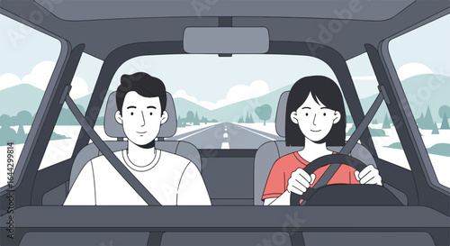 Family trip driving along highway with man and woman in car. This family trip shows road stretching to horizon, mountains and sky visible through windshield. Enjoy this family trip for transportation,