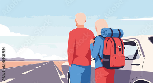 Family trip illustration featuring parents standing near car ready for road trip. A scenic family trip adventure unfolds with backpacks packed, and the car gleaming, symbolizing family bonding.