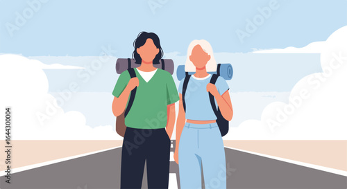 Family trip planning with two women ready for adventure. Road trip preparation includes backpacks and travel accessories. Family trip concept for travel blogs and social media.