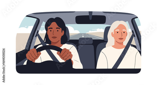 Family trip in car with two women drivers. Road trip adventure includes scenic route and happy passengers enjoying journey. Family trip concept for travel blogs and social media.