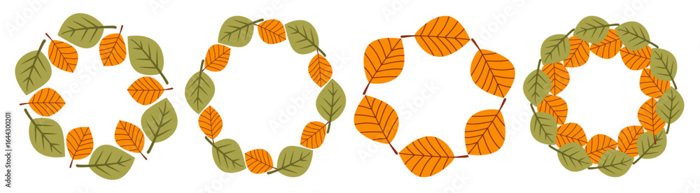 Obraz premium Four circular wreaths made of autumn leaves on a white background. The leaves are in shades of green and orange, creating a seasonal decoration