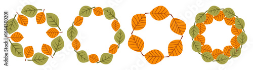 Four circular wreaths made of autumn leaves on a white background. The leaves are in shades of green and orange, creating a seasonal decoration