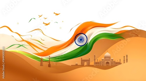 Natural earth tones—browns, beiges, muted colors—depicting a graceful and elegant scene of India's 79th Independence Day glory tricolor waves, air show, national landmarks. Refined features 
