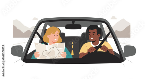 Family trip planning with paper map inside car. Couple enjoys road trip adventure. Happy family travel planning for exciting journey. Family trip is perfect for creating memories.