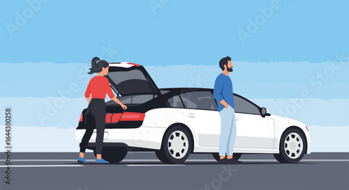 Family trip roadside assistance with car trunk open. Woman changing tire while man waits nearby.  Family trip concept illustration for travel blogs and insurance websites.