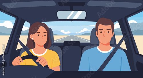 Family trip in car with happy couple driving on highway. Road trip adventure includes scenic landscape views mountains and open road. Perfect family trip image for travel blogs and vacation brochures.