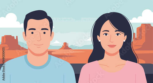 Family trip planning with happy couple against desert landscape background. Family vacation preparation includes scenic route and travel planning.