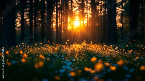 Golden sunset illuminates wildflowers in a dark forest