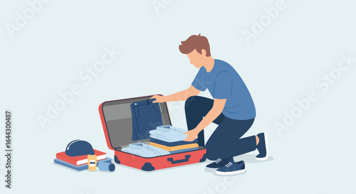 Suitcase packing preparation for summer vacation trip. Man carefully packs clothes into red suitcase. Travel packing concept for bloggers and websites.