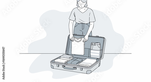 Suitcase packing illustration showing woman organizing clothes and toiletries in luggage.  Preparing for vacation includes folding shirts, pants and placing personal items neatly.