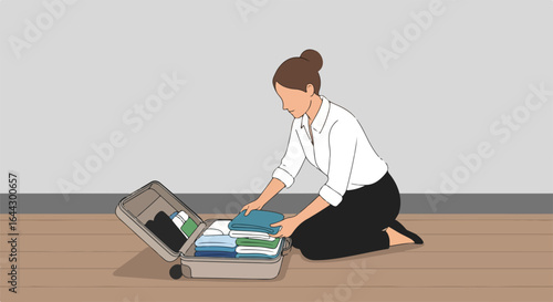 Woman packing suitcase for trip. Person neatly folds clothes and puts them into luggage.  Suitcase packing preparation for summer vacation.