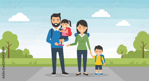 Family walking on road near a park with trees enjoying sunshine. Happy family concept for healthy living and togetherness, family walking together, smiling at camera.