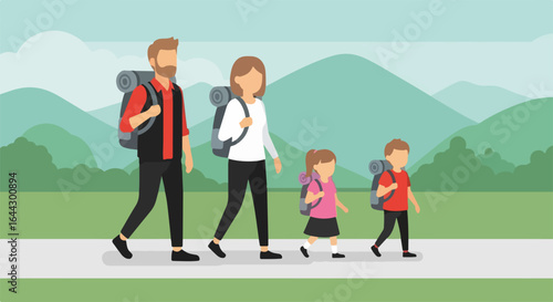 Family hiking through green countryside with father, mother, daughter and son walking together. Family hiking trip on rural trail includes backpacks, hills, and verdant trees,