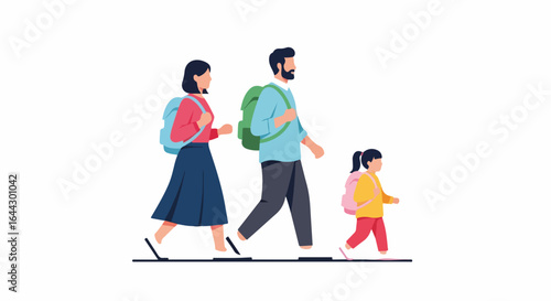 Family walking with backpacks depicted as a side view on white, showing parents and child. Family walking illustrates a common activity and is a representation of togetherness and lifestyle.